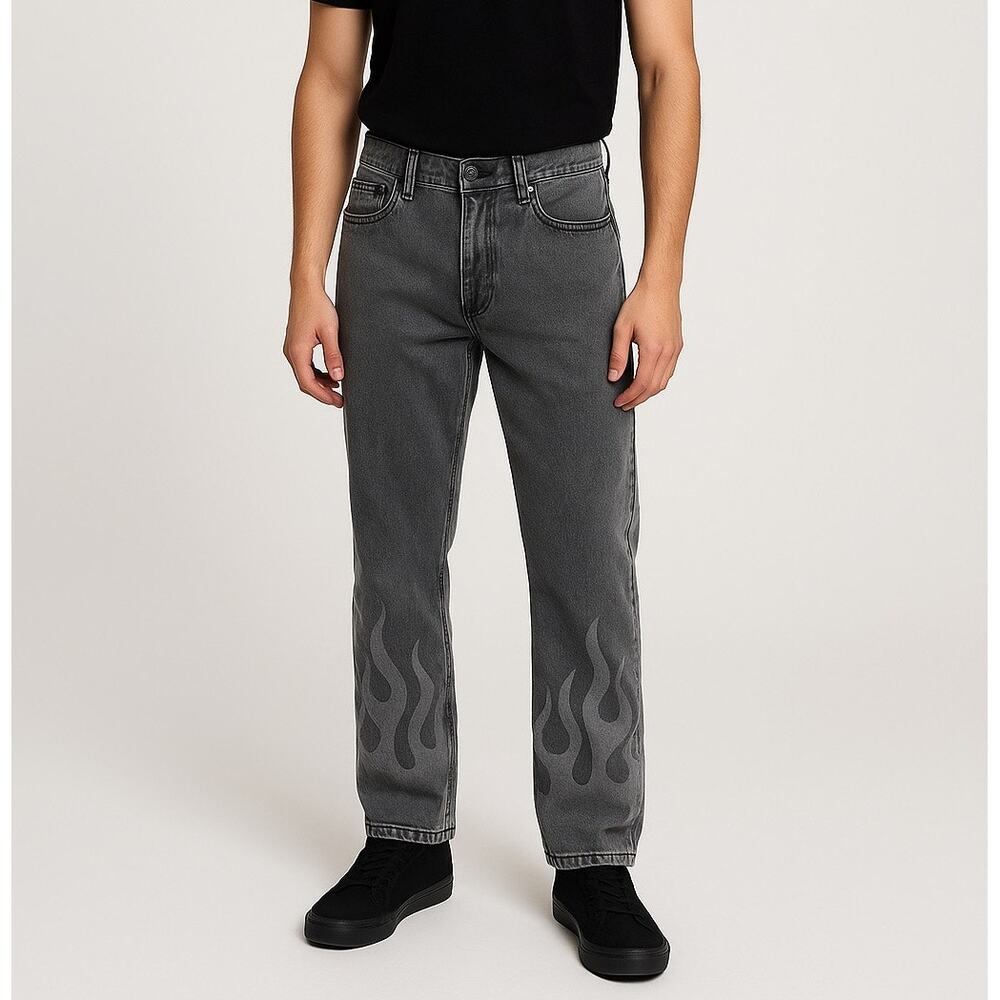 Hot Topic Flame Straight Leg Denim Pants Gray Black